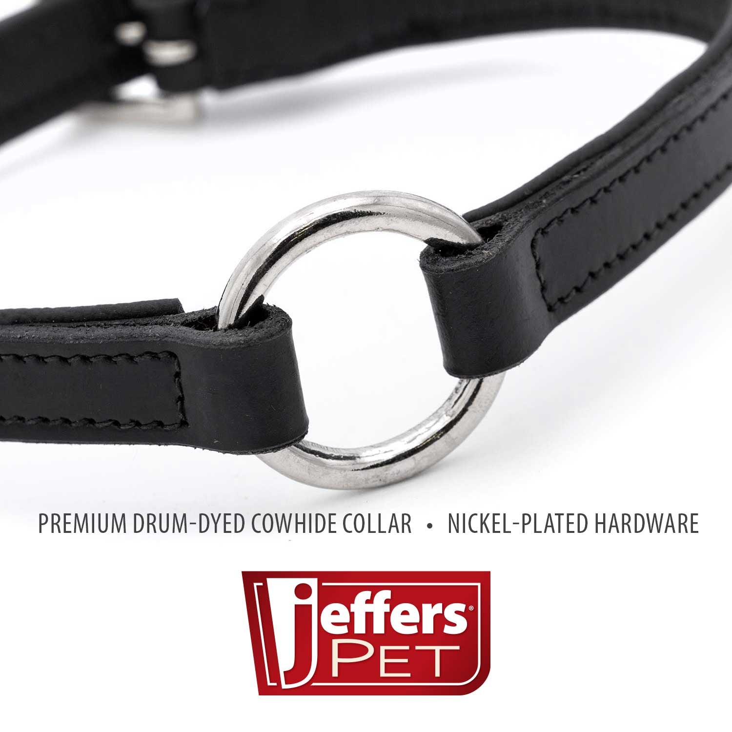 Image of Jeffers Padded Black Leather Dog Collars with O-Ring and Nickel Hardware