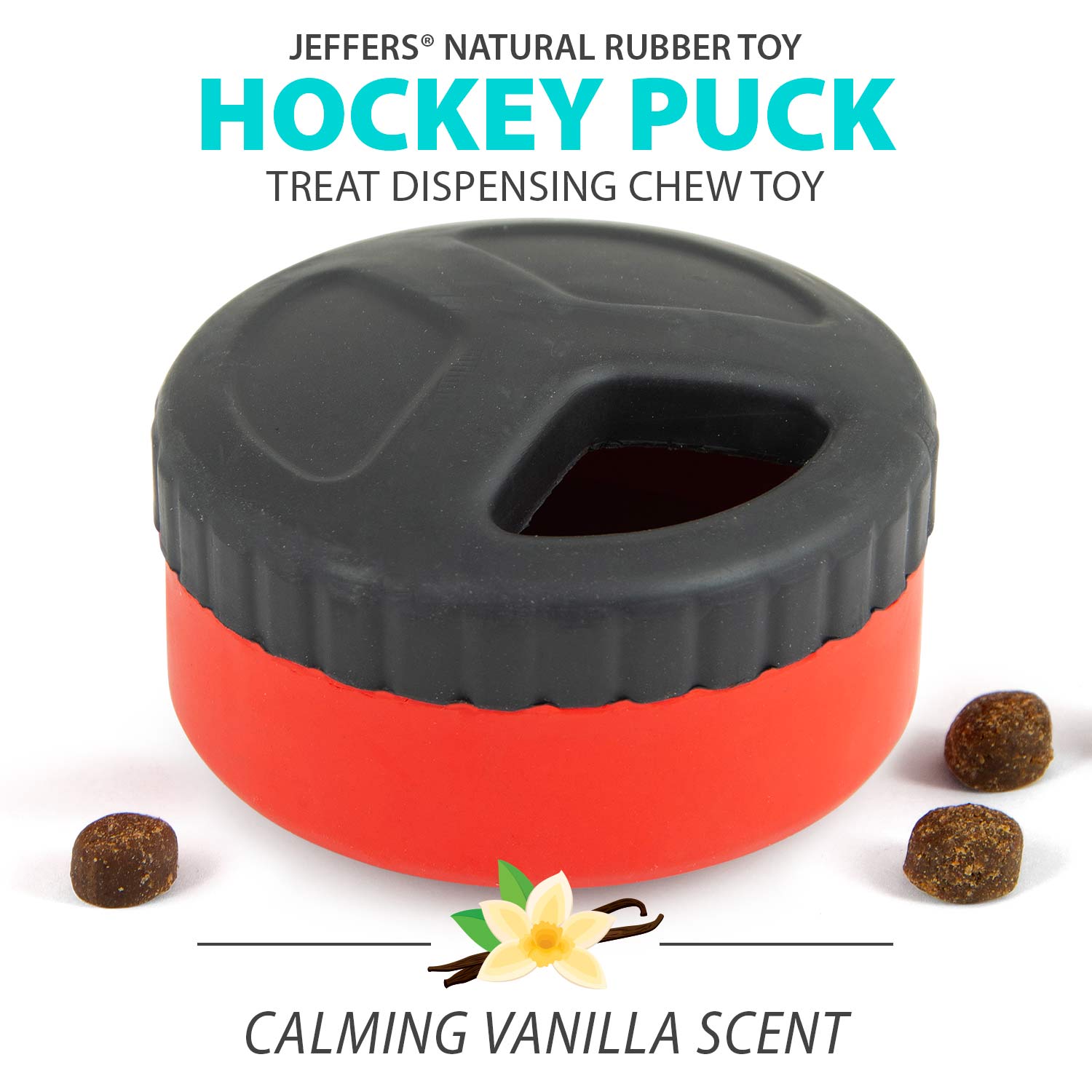 Image of Jeffers Red Hockey Puck Natural Rubber Treat Dispensing Dental Dog Chew Toy