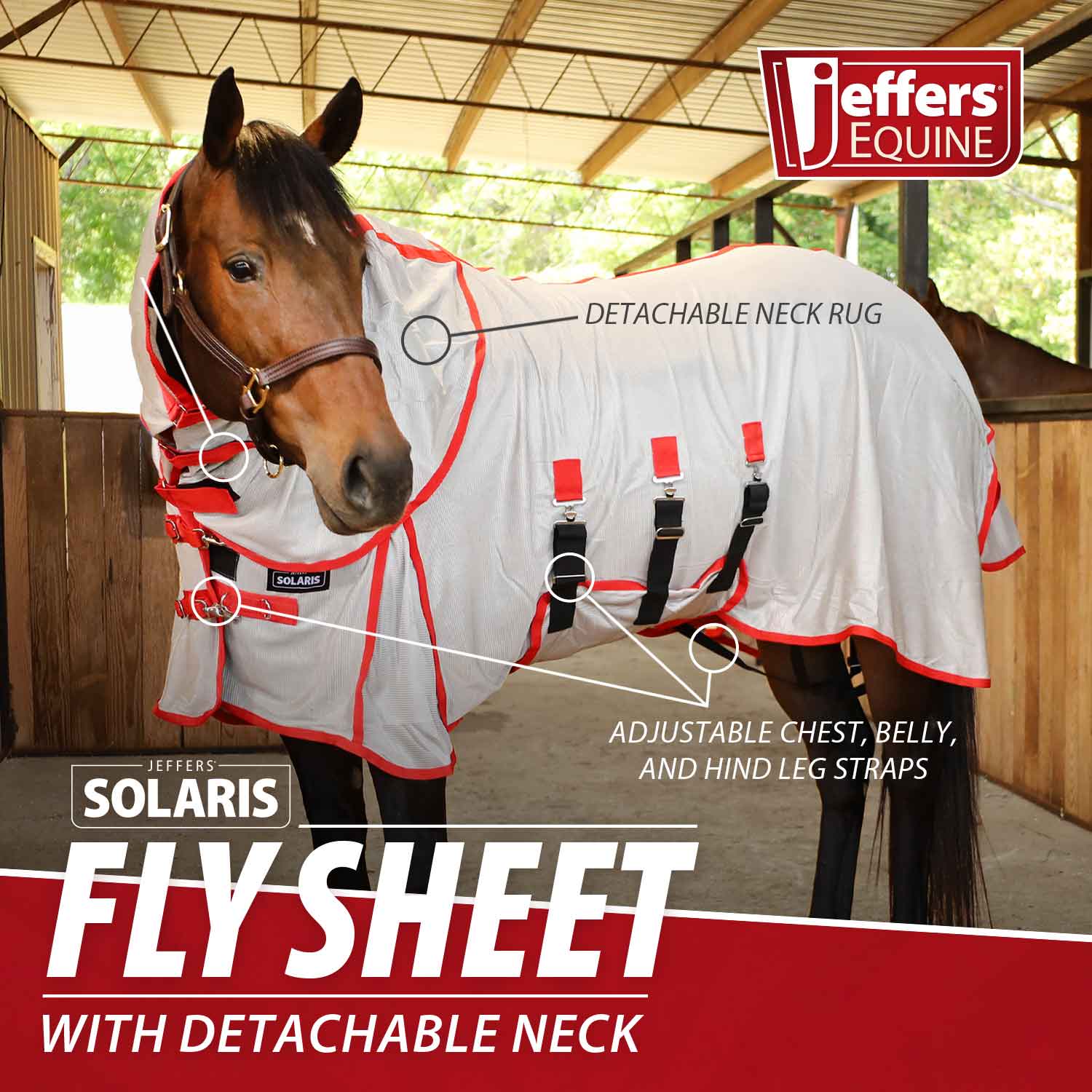 Image of Jeffers Solaris Horse Fly Sheet with Detachable Neck, Grey & Red
