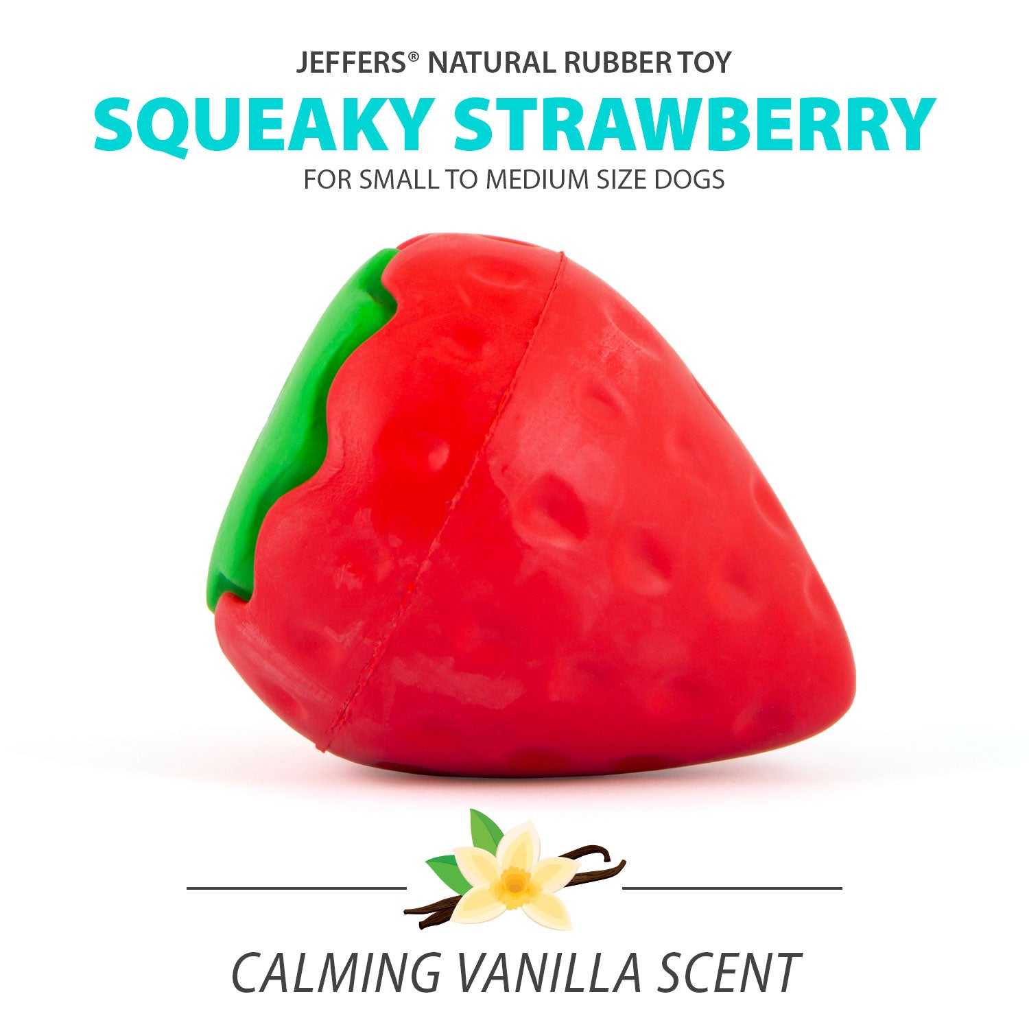 Image of Jeffers Squeaky Strawberry Natural Rubber Dog Dental Chew Toy with Squeaker & Vanilla Scent for Medium Chewers