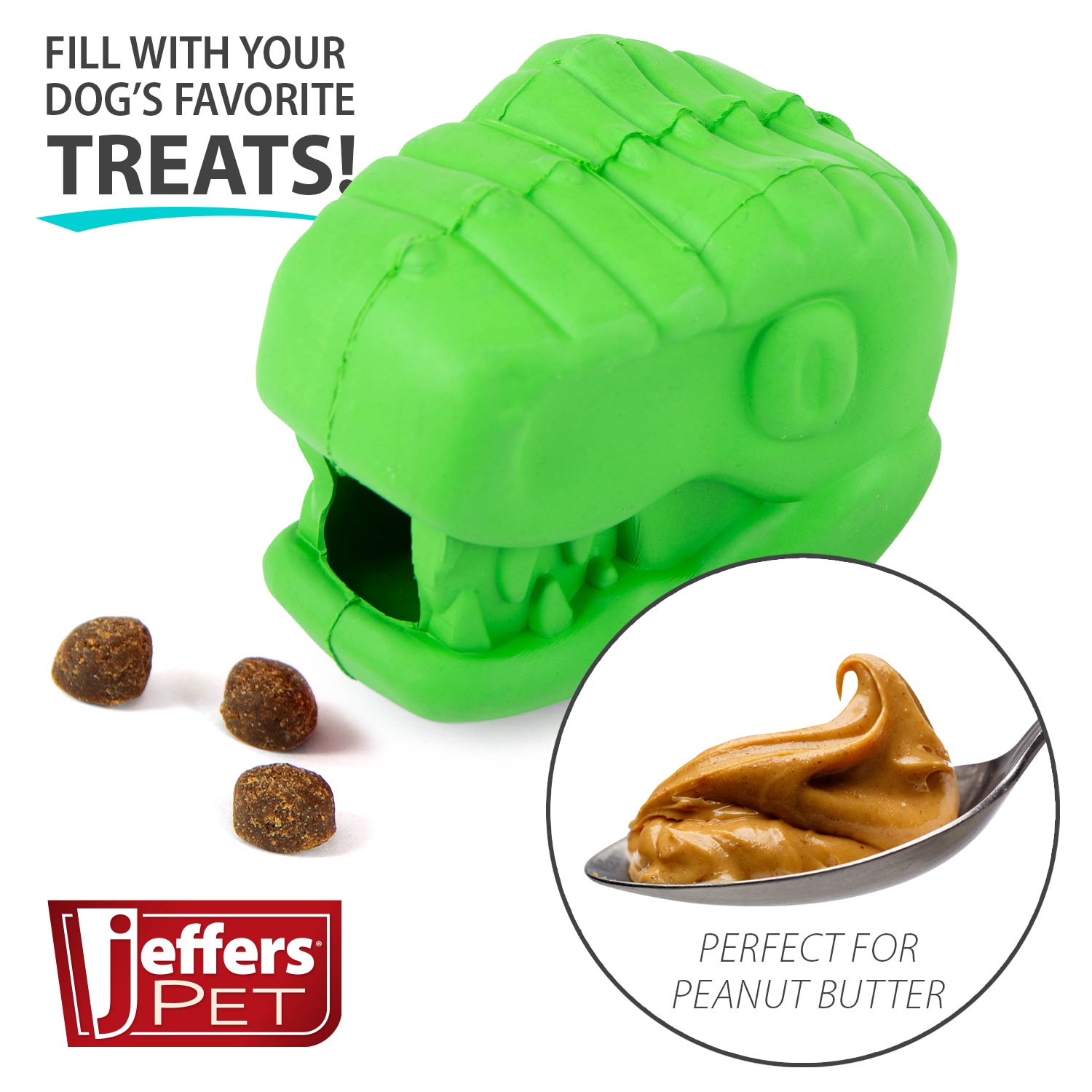 Image of Jeffers T-Rex Natural Rubber Treat Dispensing Dental Dog Chew Toy for Medium Chewers with Vanilla Scent
