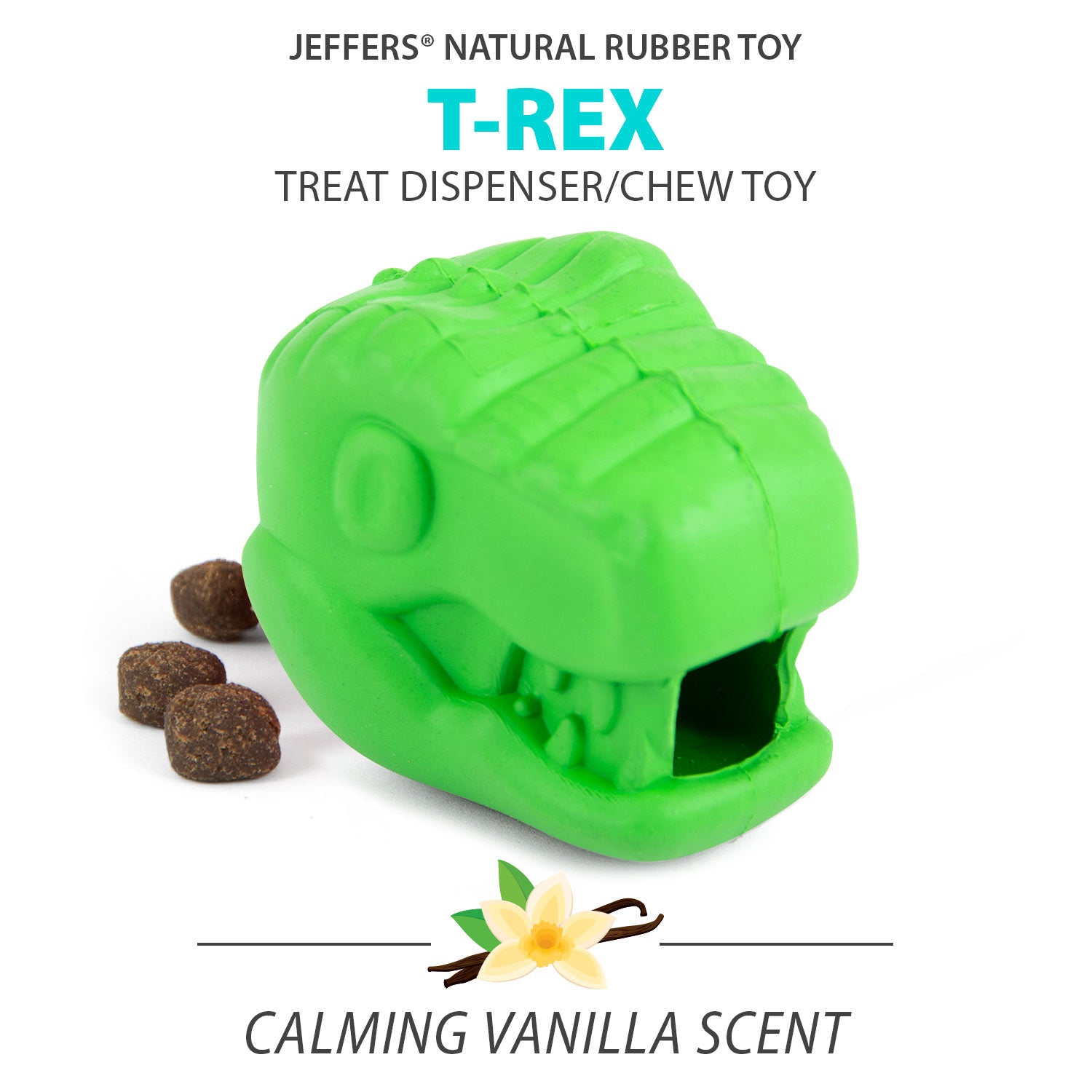 Image of Jeffers T-Rex Natural Rubber Treat Dispensing Dental Dog Chew Toy for Medium Chewers with Vanilla Scent