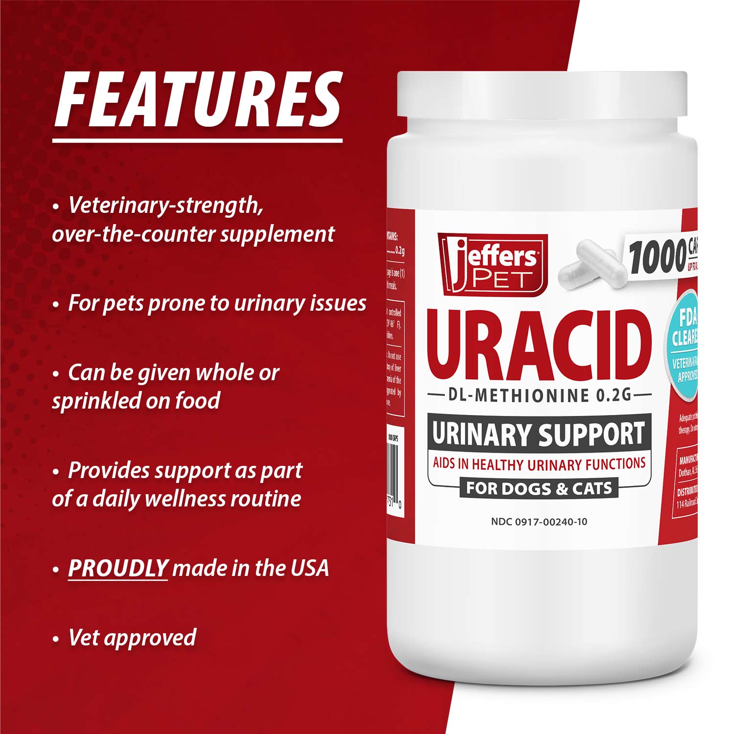 Image of Jeffers Uracid DL-Methionine 0.2g Capsules for Dogs & Cats – Supports Urinary Tract, Reduces Urine Odor, Prevents Stones