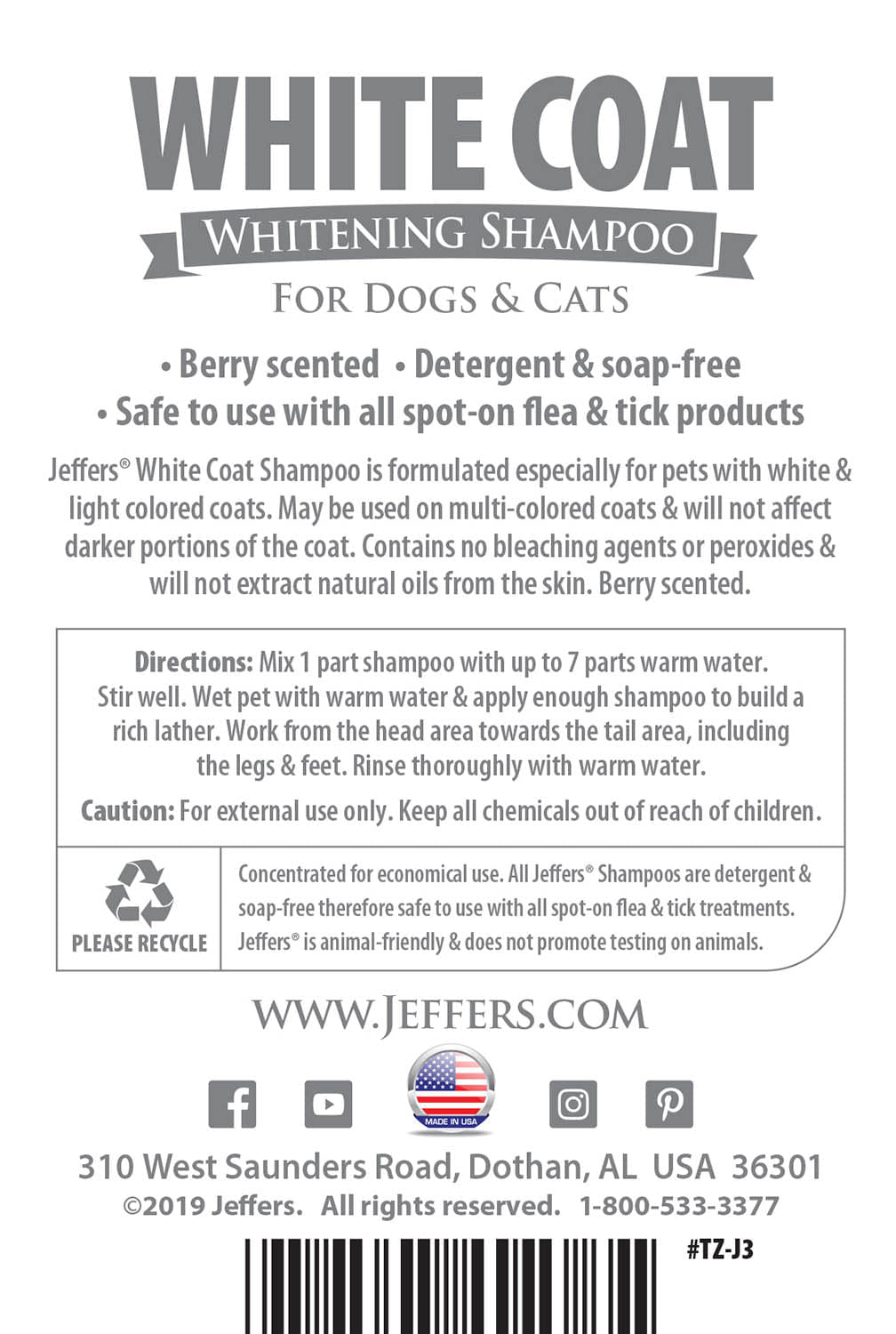 Image of Jeffers Pet White Coat Whitening Dog & Cat Shampoo