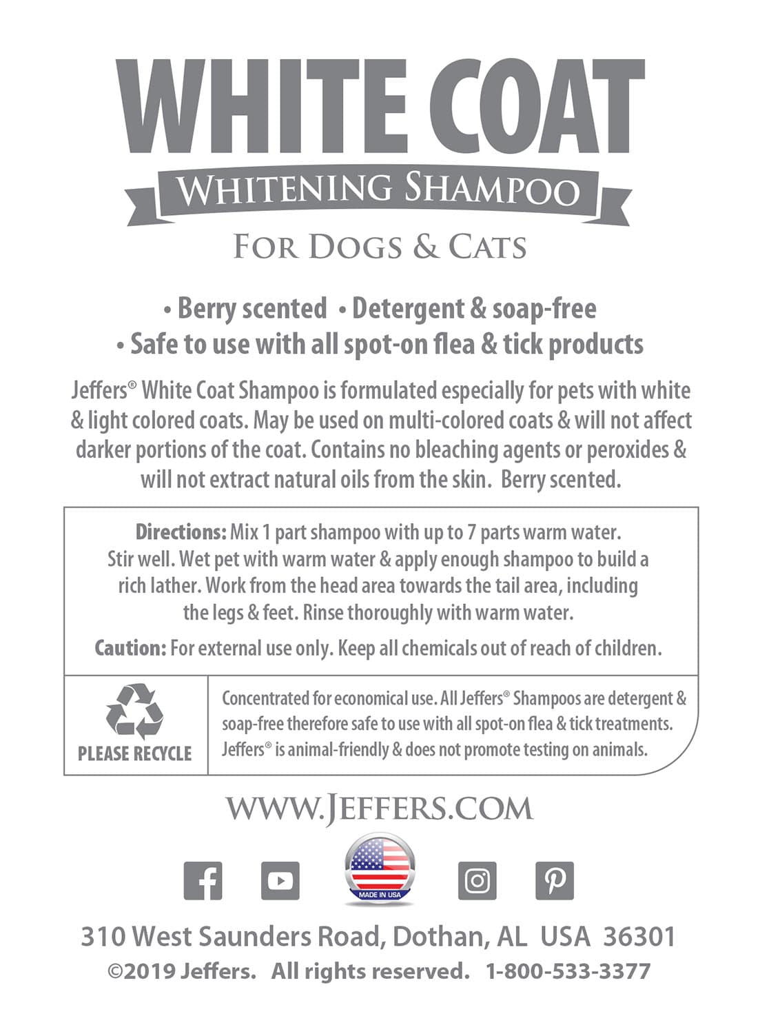 Image of Jeffers Pet White Coat Whitening Dog & Cat Shampoo