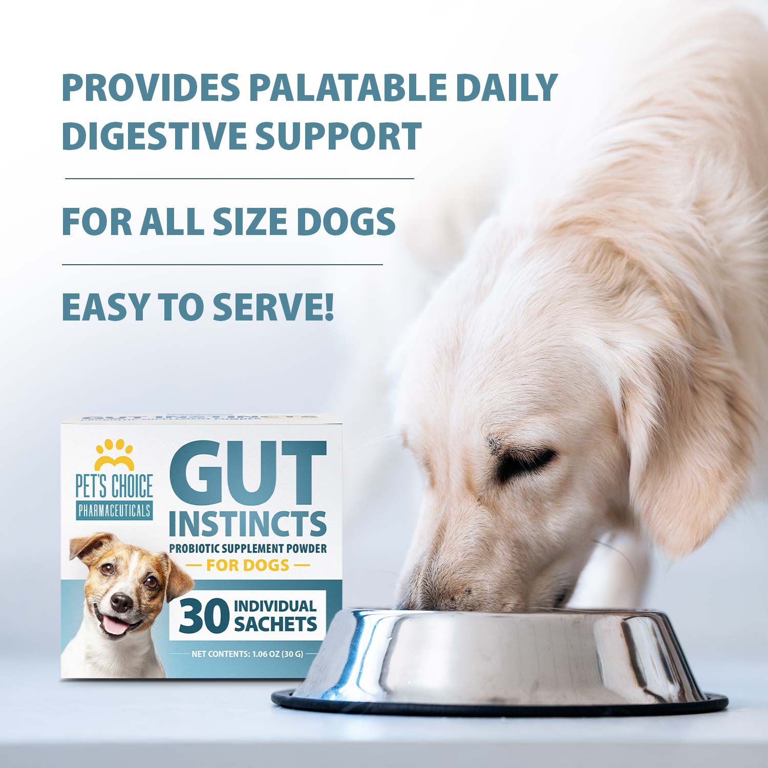 Image of Pet's Choice Gut Instincts Probiotic Powder Packets for Dogs – Daily Digestive & Immune Support, 30 Count