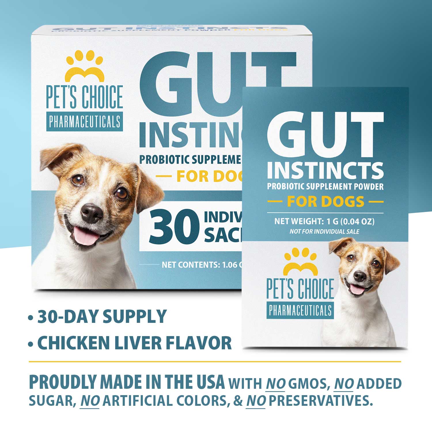 Image of Pet's Choice Gut Instincts Probiotic Powder Packets for Dogs – Daily Digestive & Immune Support, 30 Count